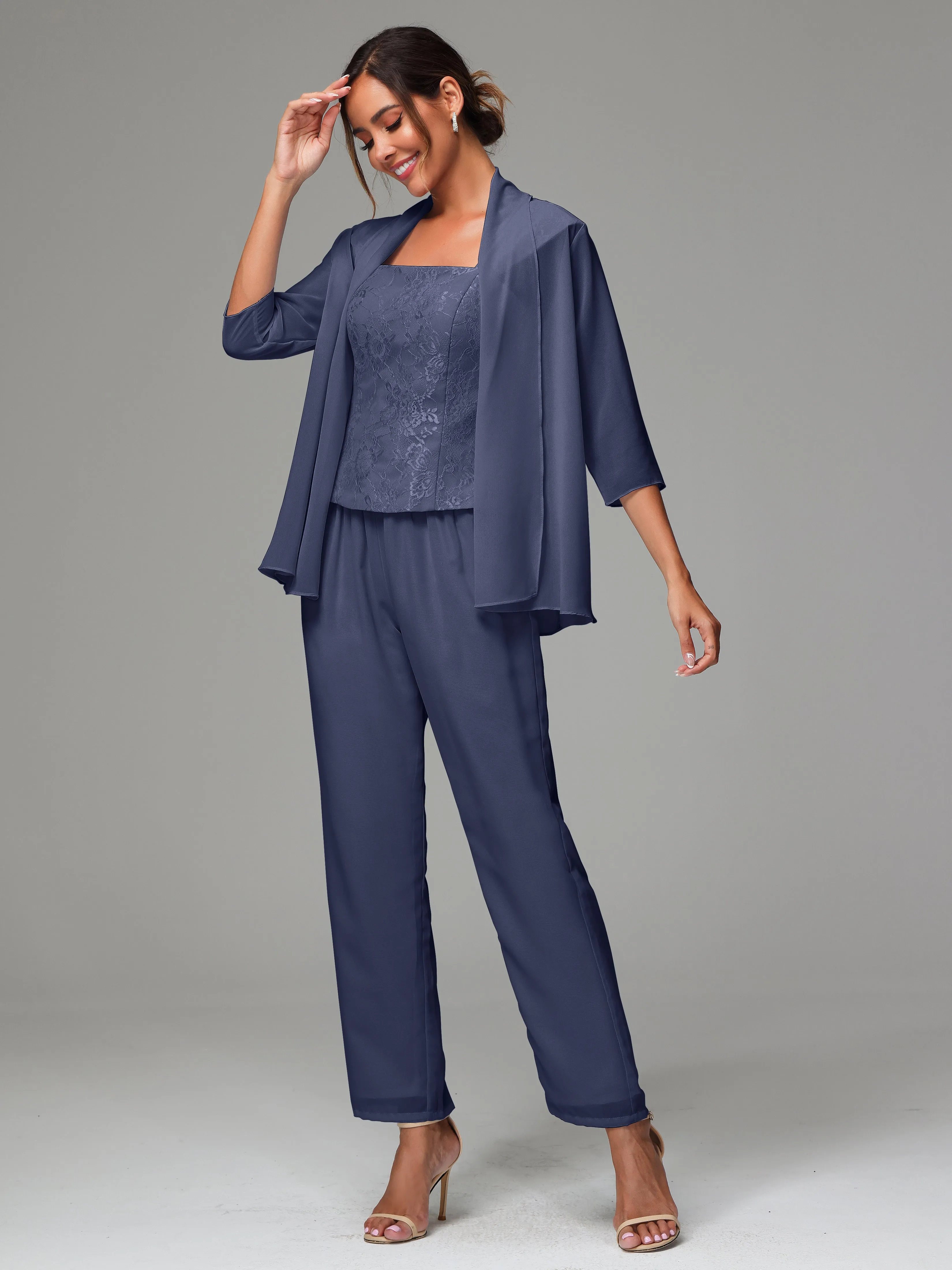 3 Pieces Chiffon Lace Long Sleeves Mother Of The Bride Dress Pants Suits