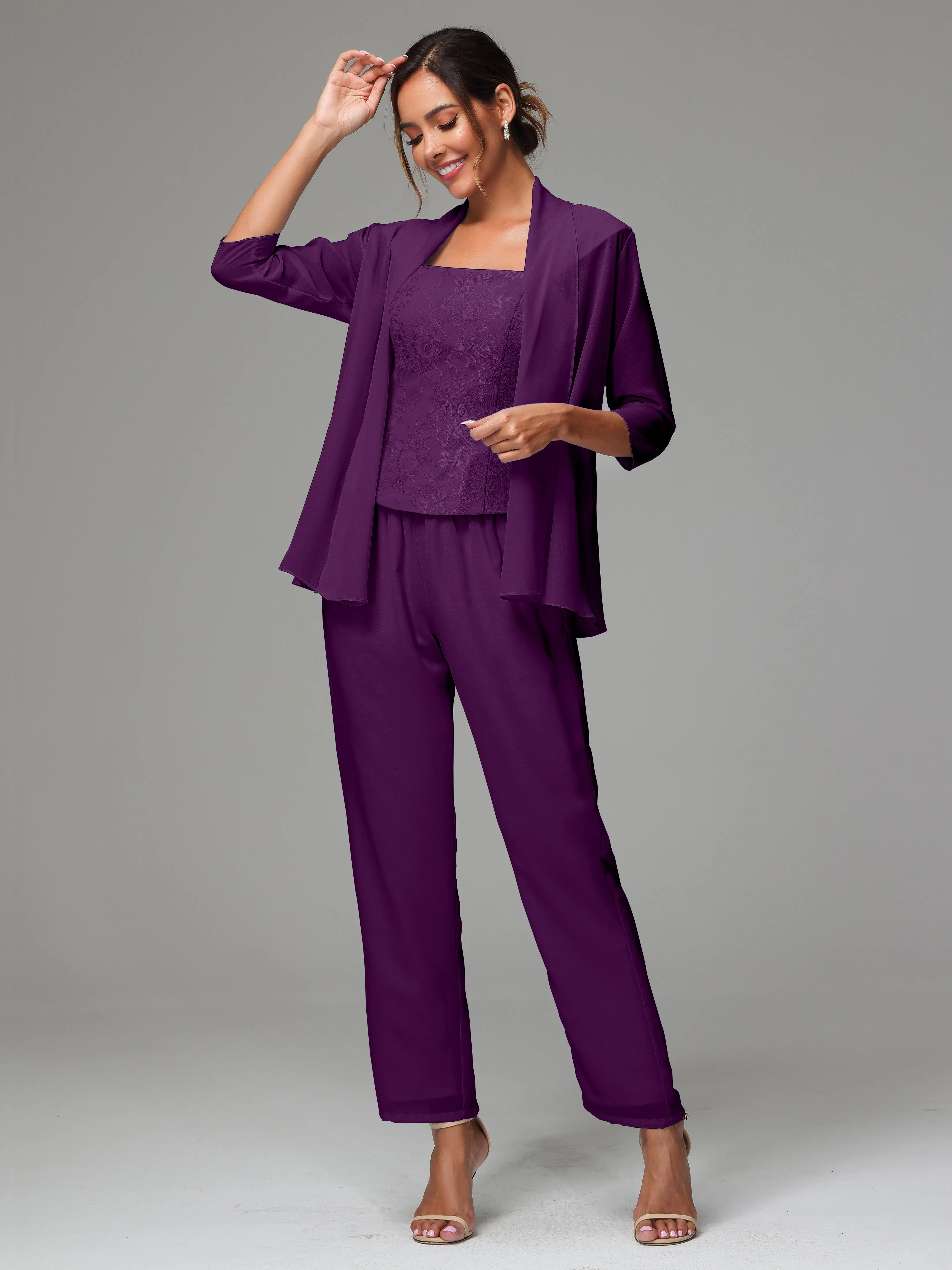 3 Pieces Chiffon Lace Long Sleeves Mother Of The Bride Dress Pants Suits