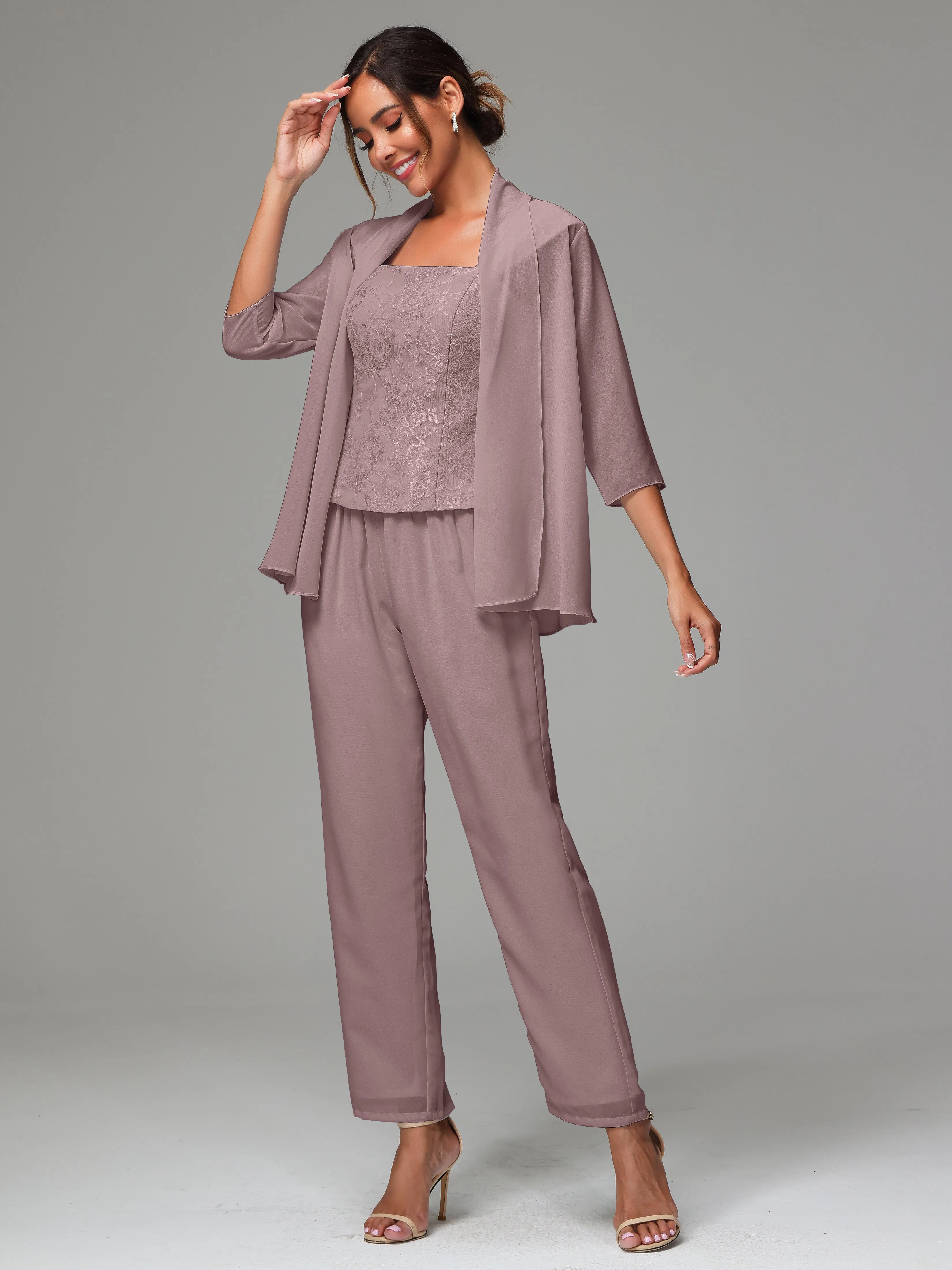 3 Pieces Chiffon Lace Long Sleeves Mother Of The Bride Dress Pants Suits