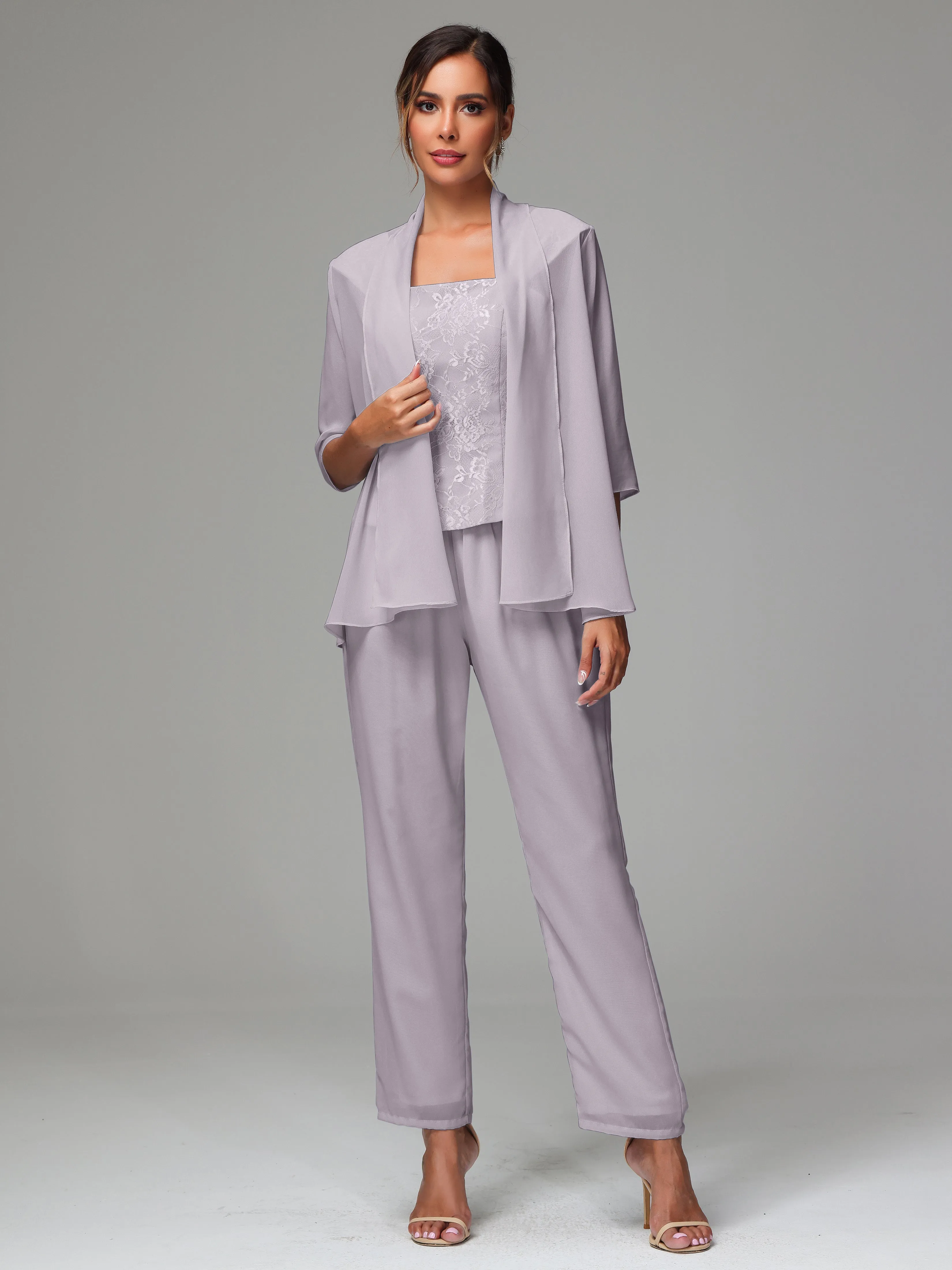 3 Pieces Chiffon Lace Long Sleeves Mother Of The Bride Dress Pants Suits