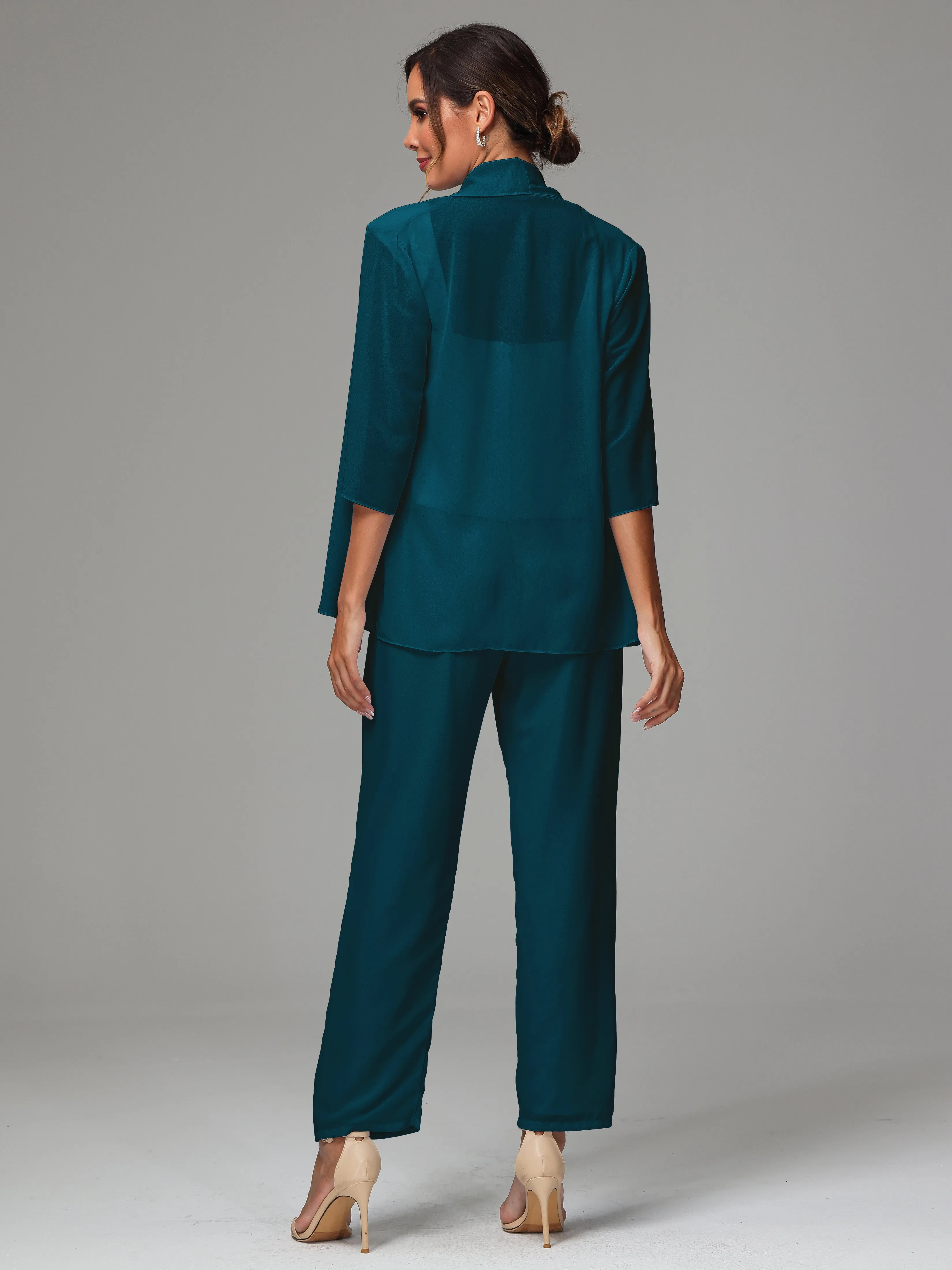 3 Pieces Chiffon Lace Long Sleeves Mother Of The Bride Dress Pants Suits