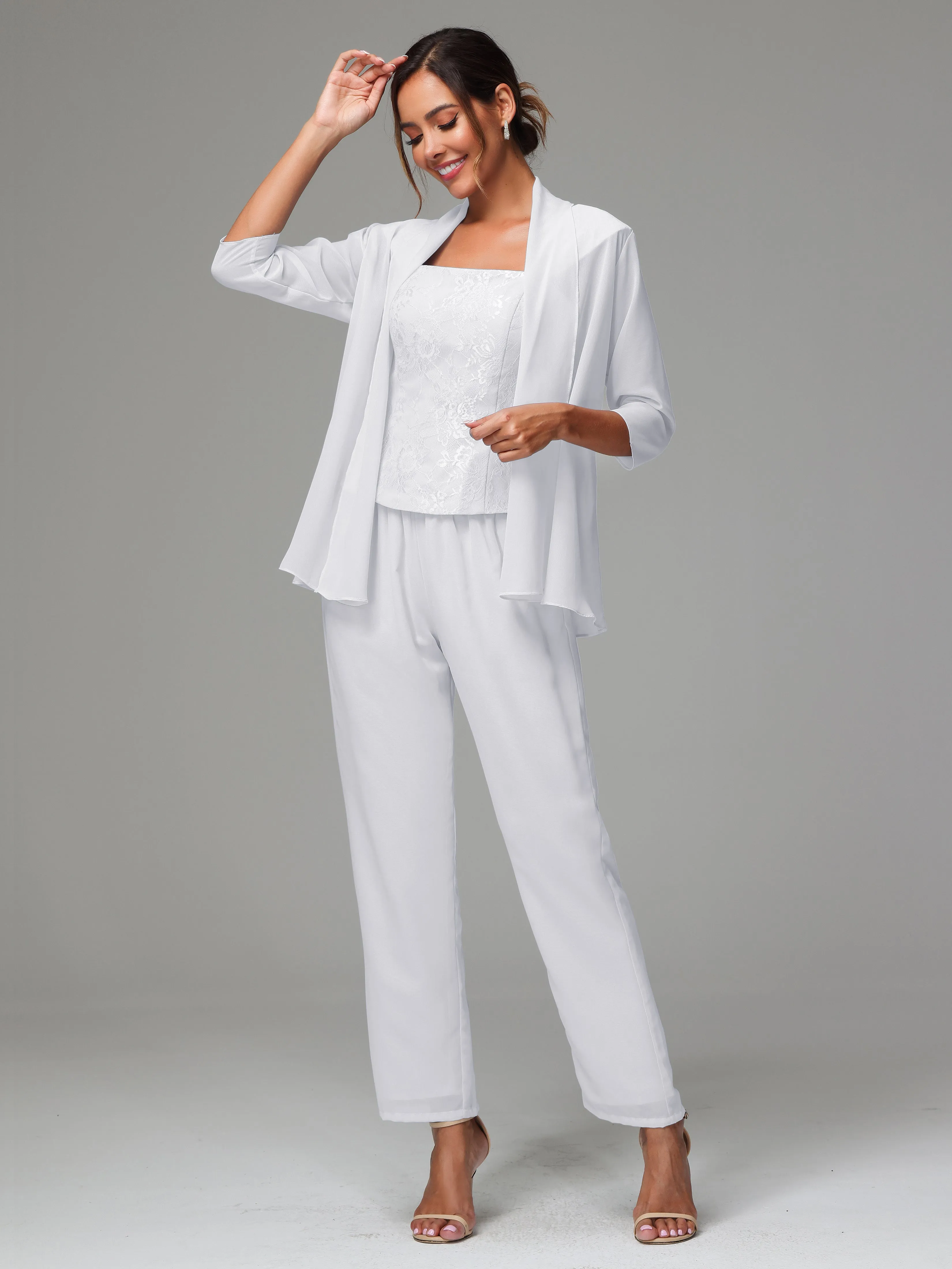 3 Pieces Chiffon Lace Long Sleeves Mother Of The Bride Dress Pants Suits