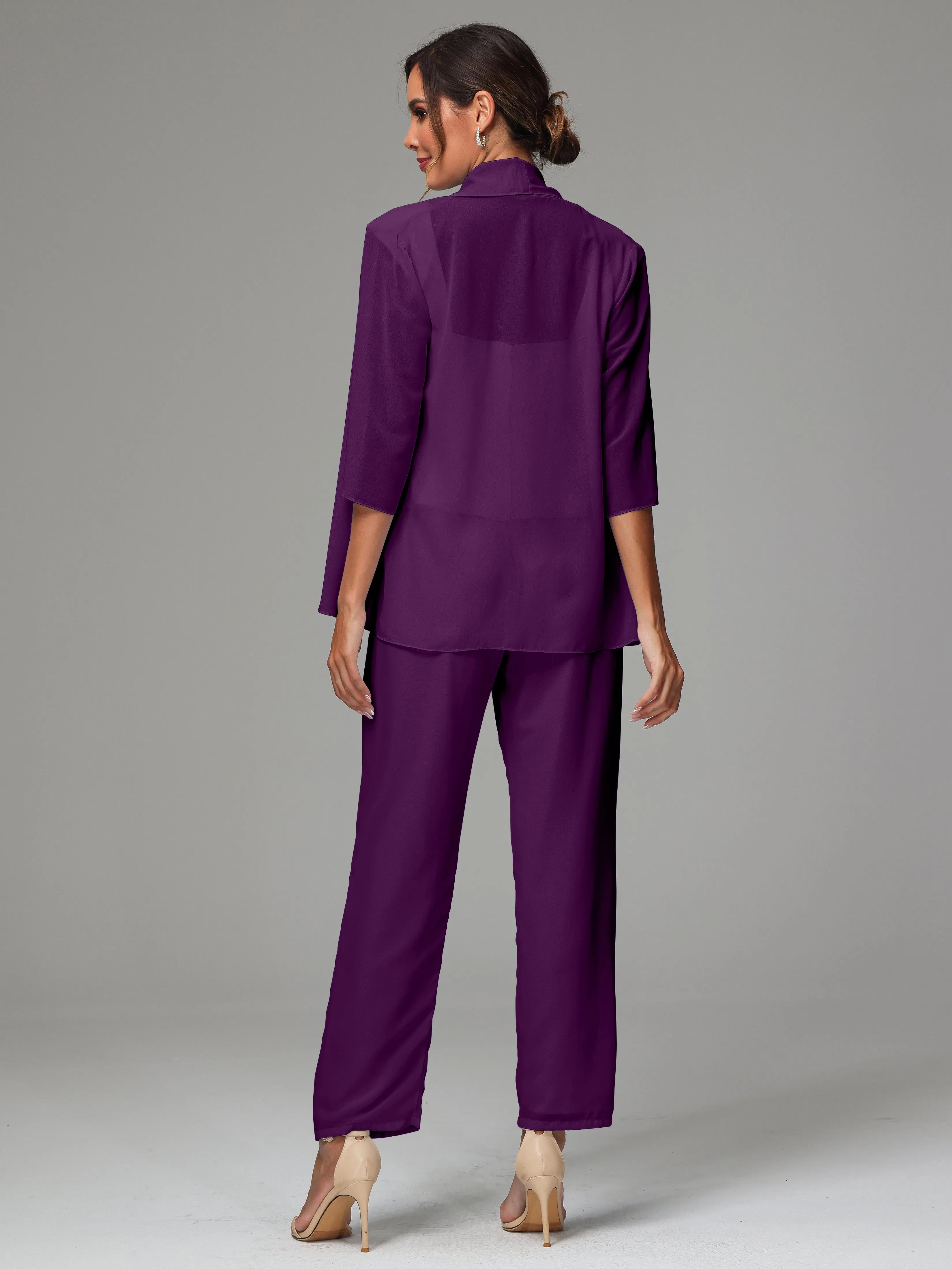3 Pieces Chiffon Lace Long Sleeves Mother Of The Bride Dress Pants Suits