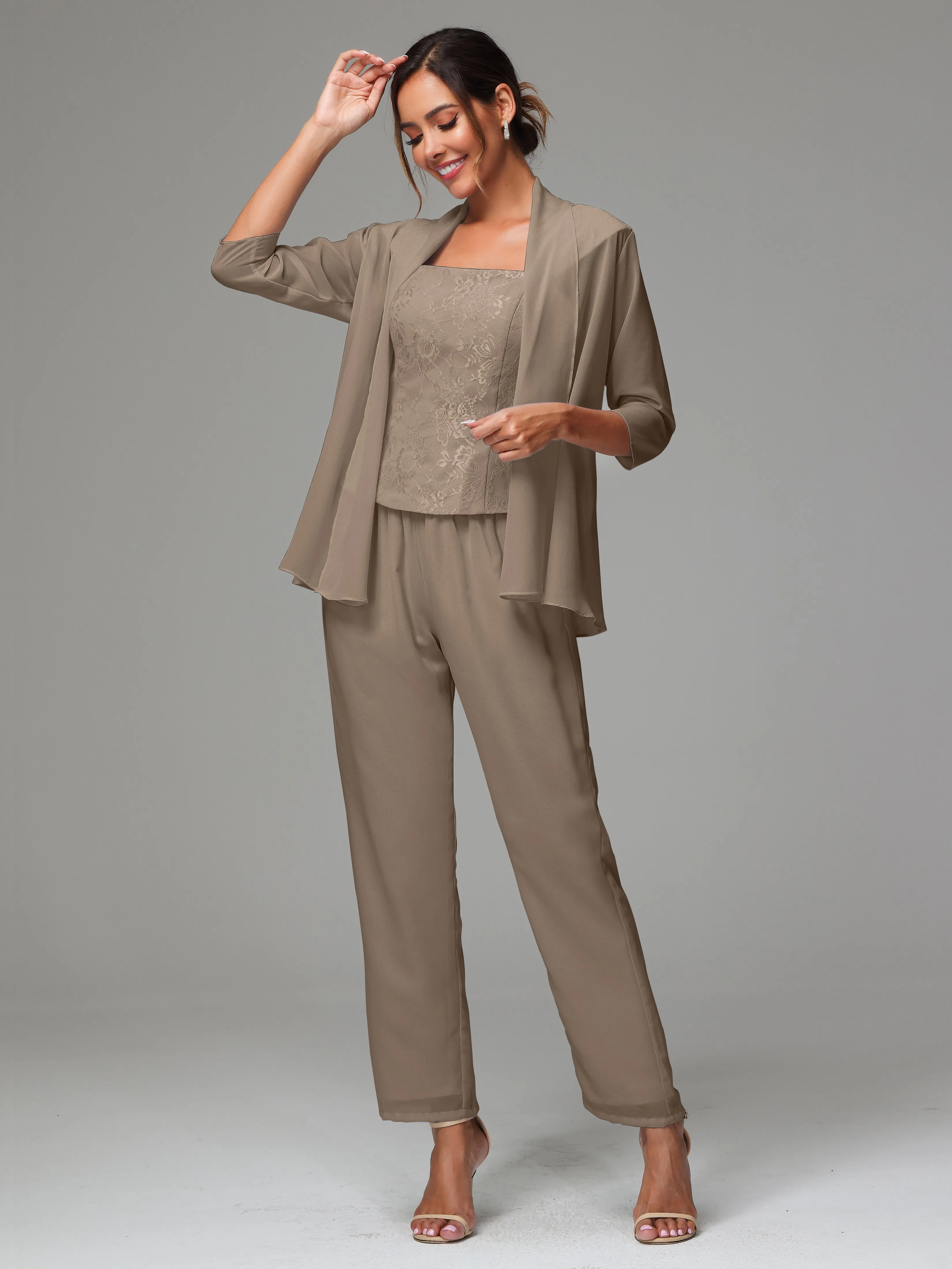 3 Pieces Chiffon Lace Long Sleeves Mother Of The Bride Dress Pants Suits