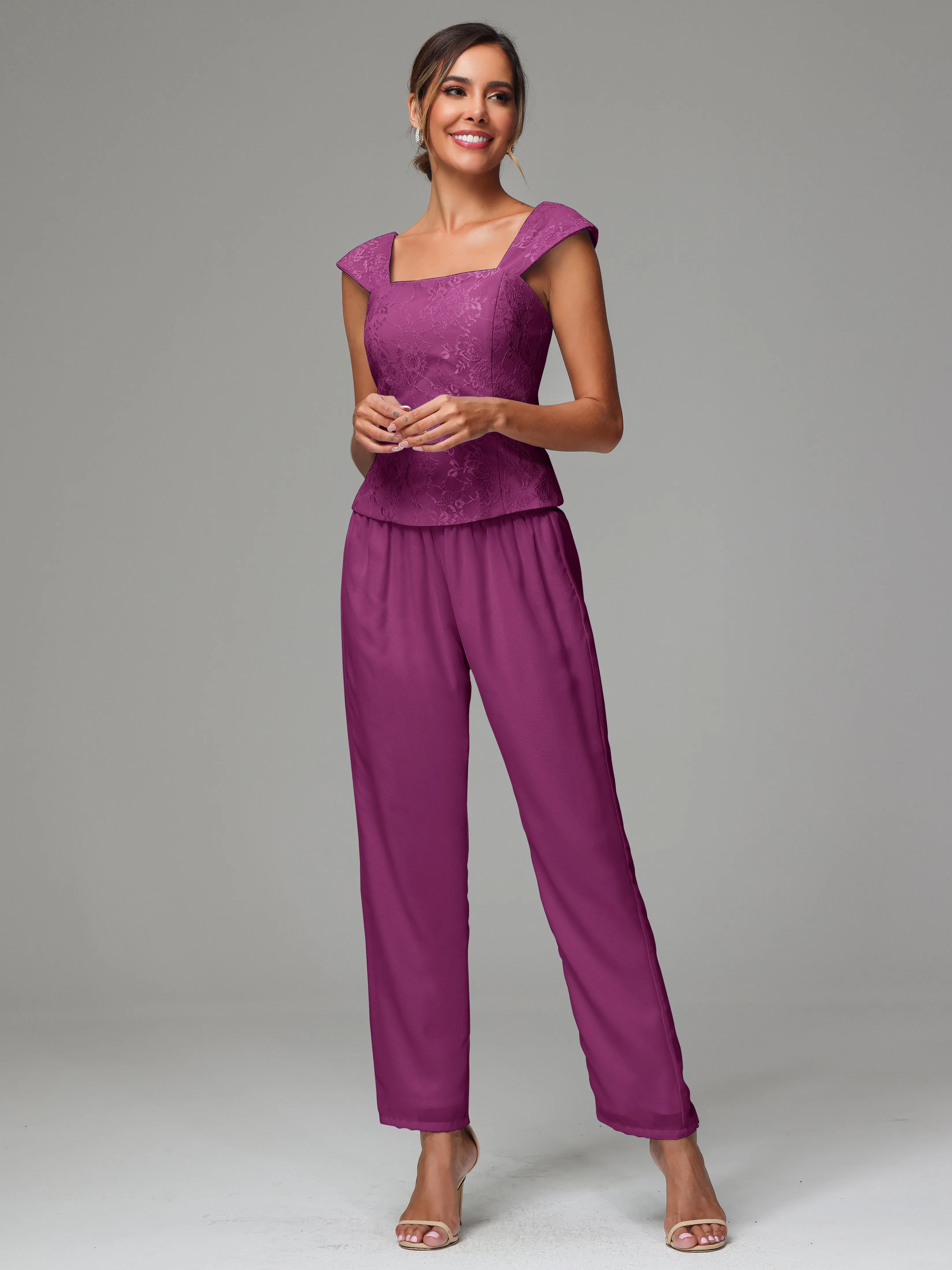 3 Pieces Chiffon Lace Long Sleeves Mother Of The Bride Dress Pants Suits