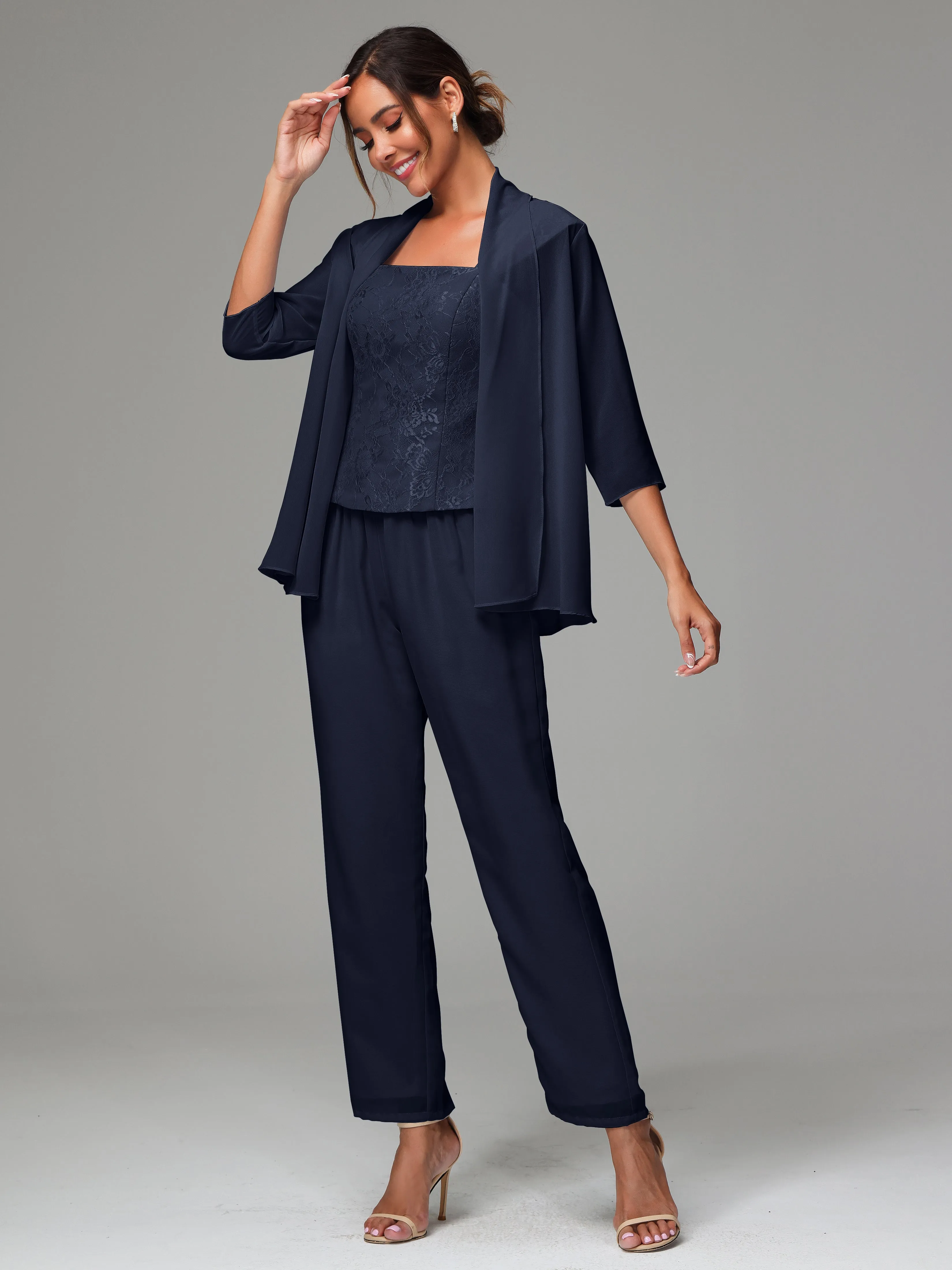 3 Pieces Chiffon Lace Long Sleeves Mother Of The Bride Dress Pants Suits