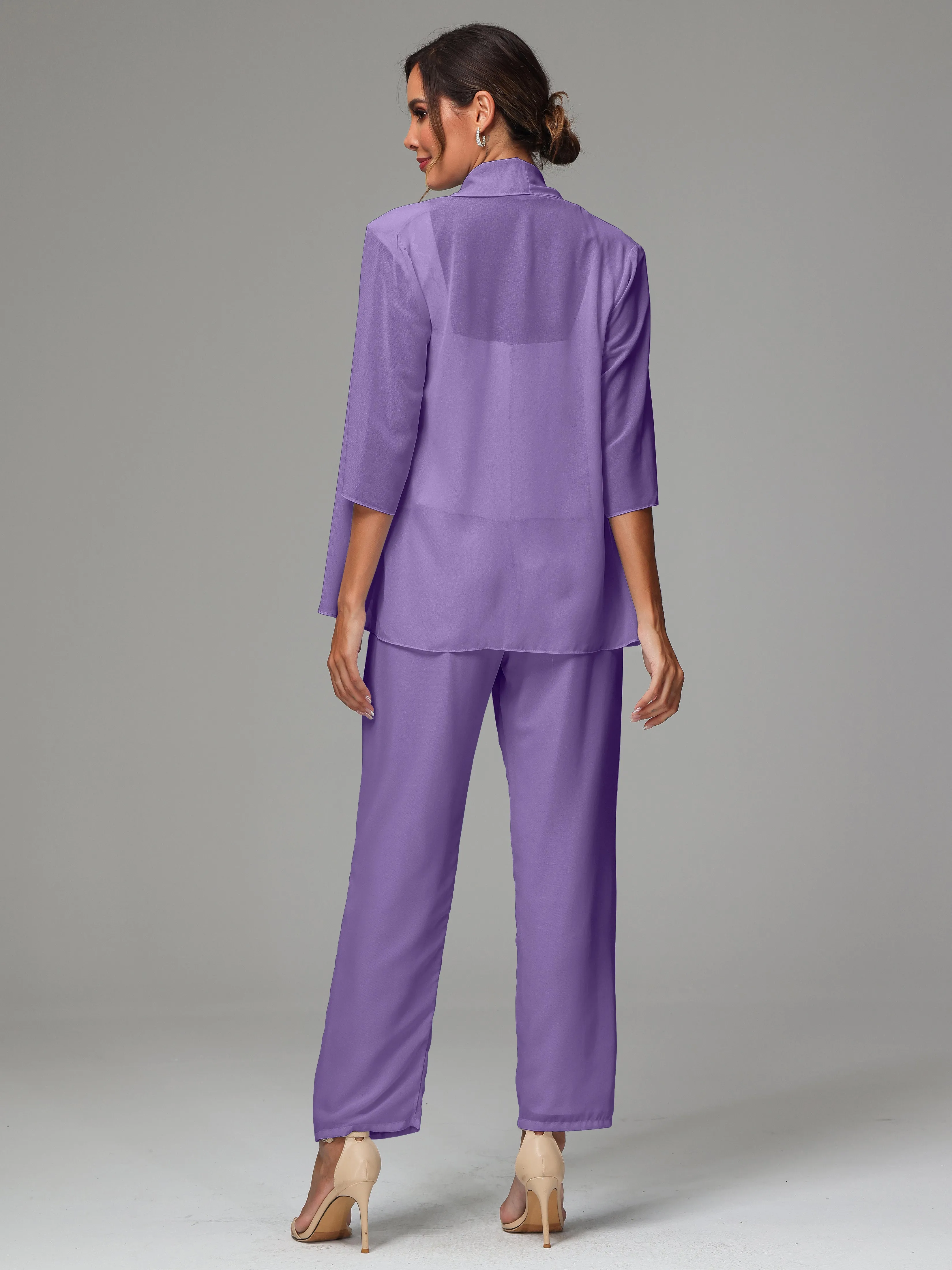 3 Pieces Chiffon Lace Long Sleeves Mother Of The Bride Dress Pants Suits