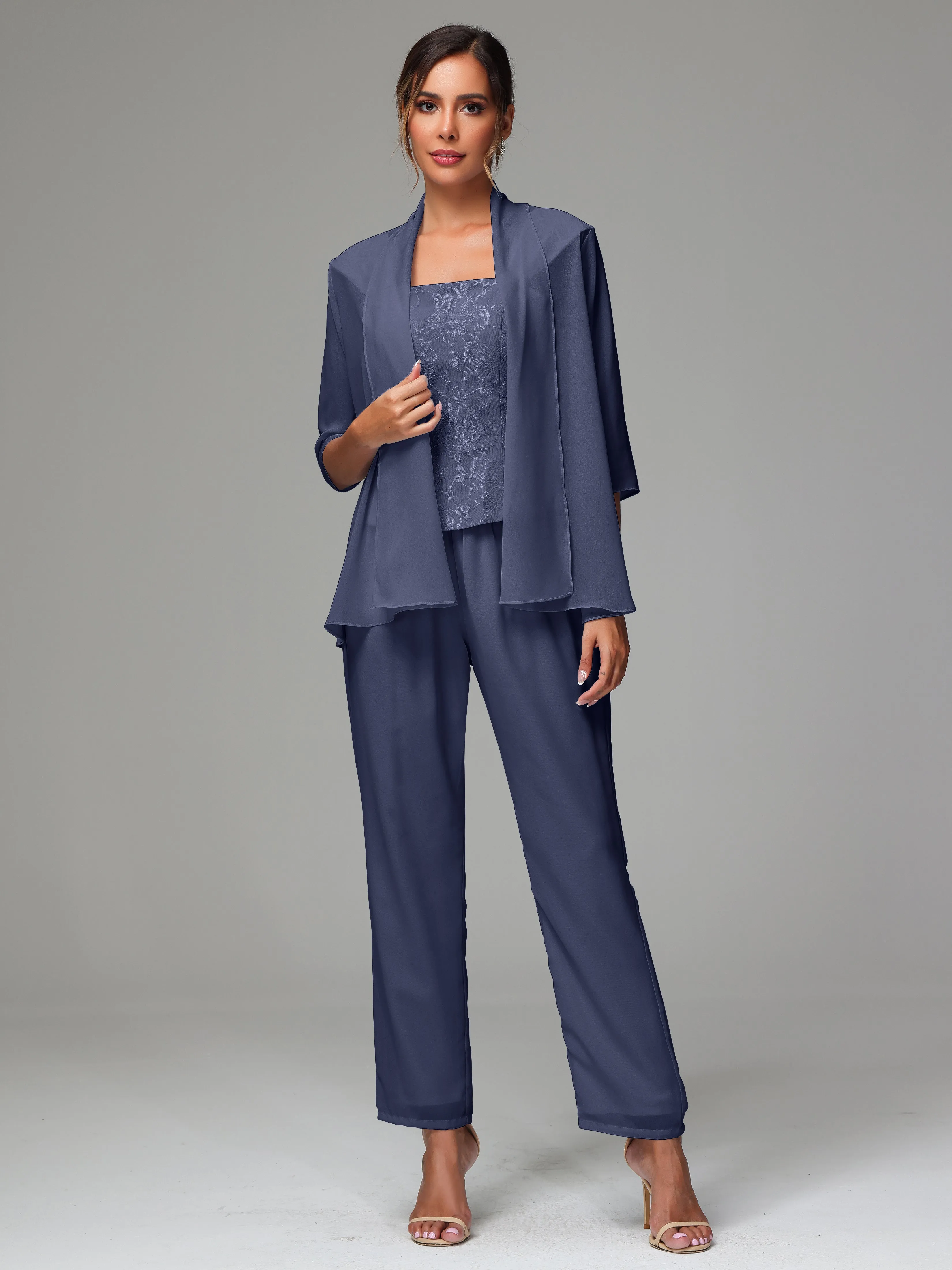 3 Pieces Chiffon Lace Long Sleeves Mother Of The Bride Dress Pants Suits