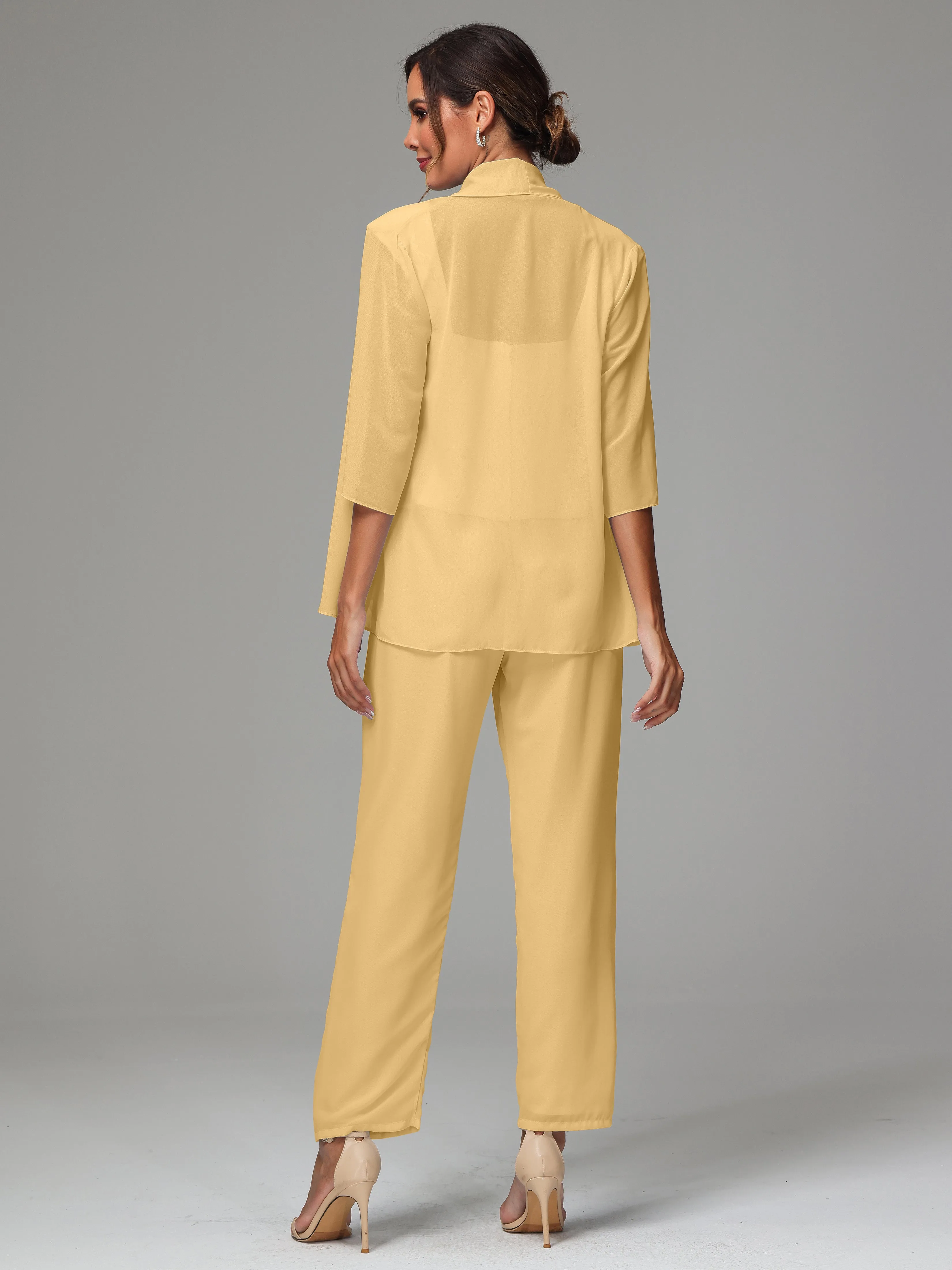 3 Pieces Chiffon Lace Long Sleeves Mother Of The Bride Dress Pants Suits