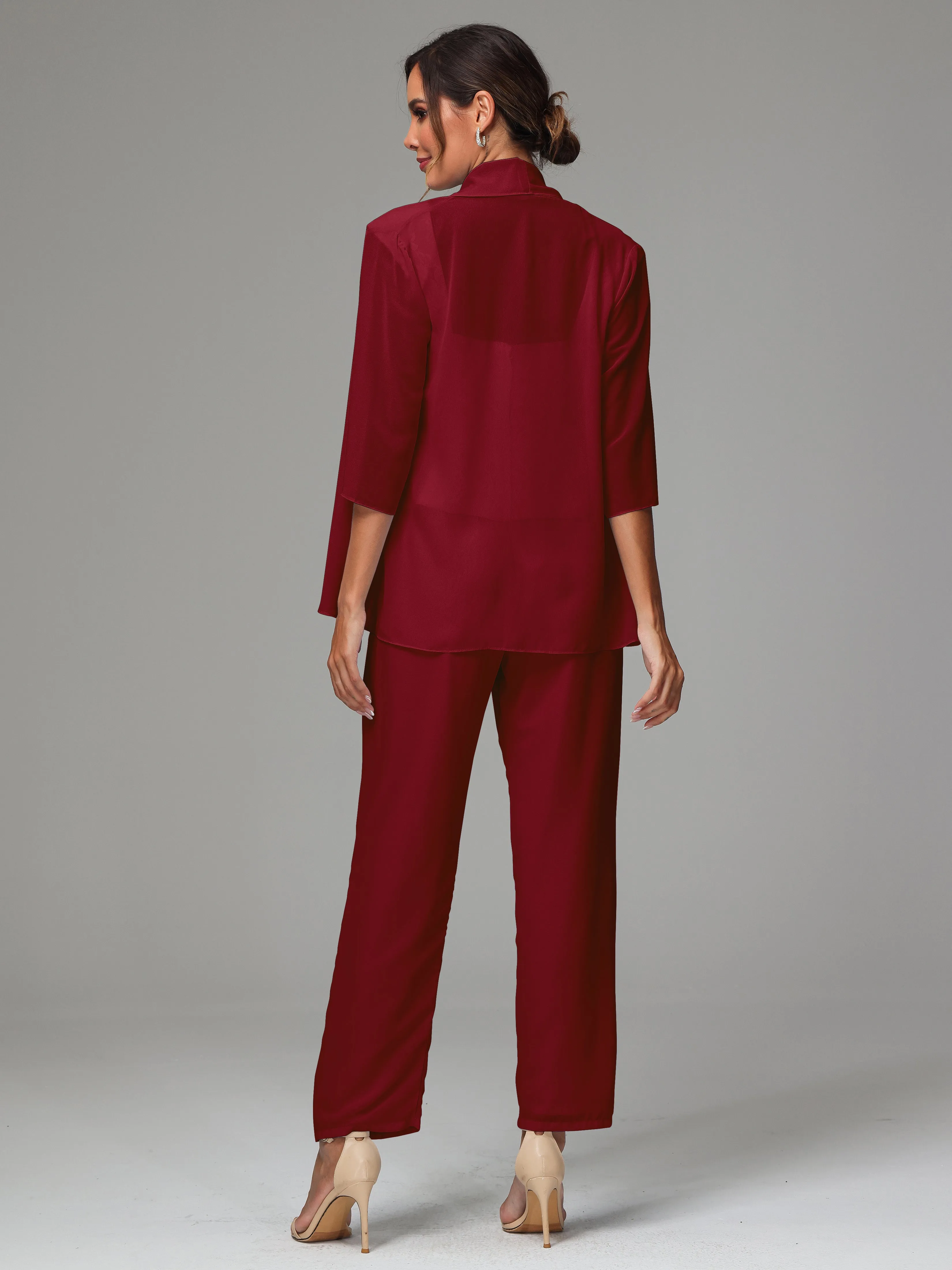 3 Pieces Chiffon Lace Long Sleeves Mother Of The Bride Dress Pants Suits