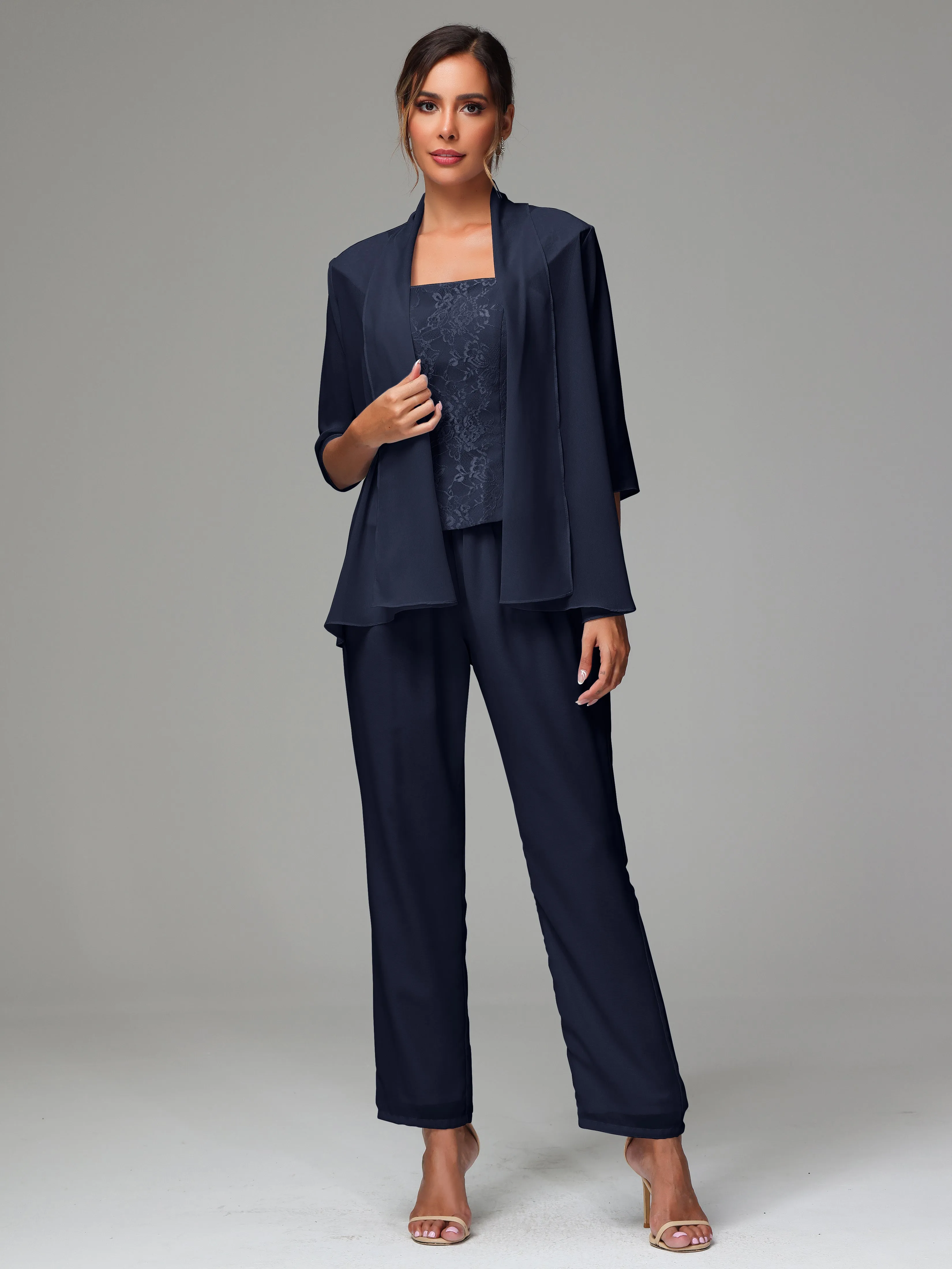 3 Pieces Chiffon Lace Long Sleeves Mother Of The Bride Dress Pants Suits
