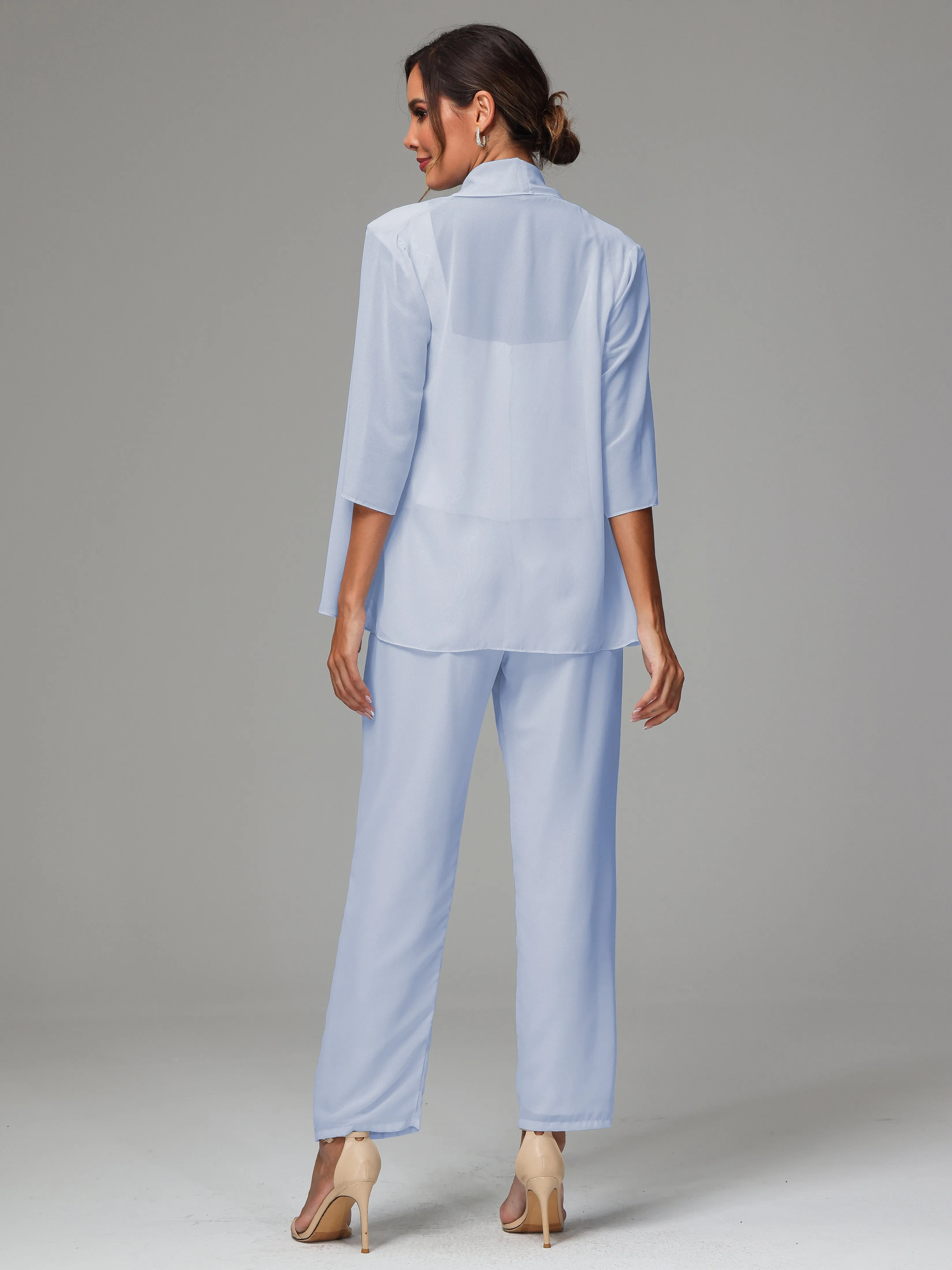 3 Pieces Chiffon Lace Long Sleeves Mother Of The Bride Dress Pants Suits