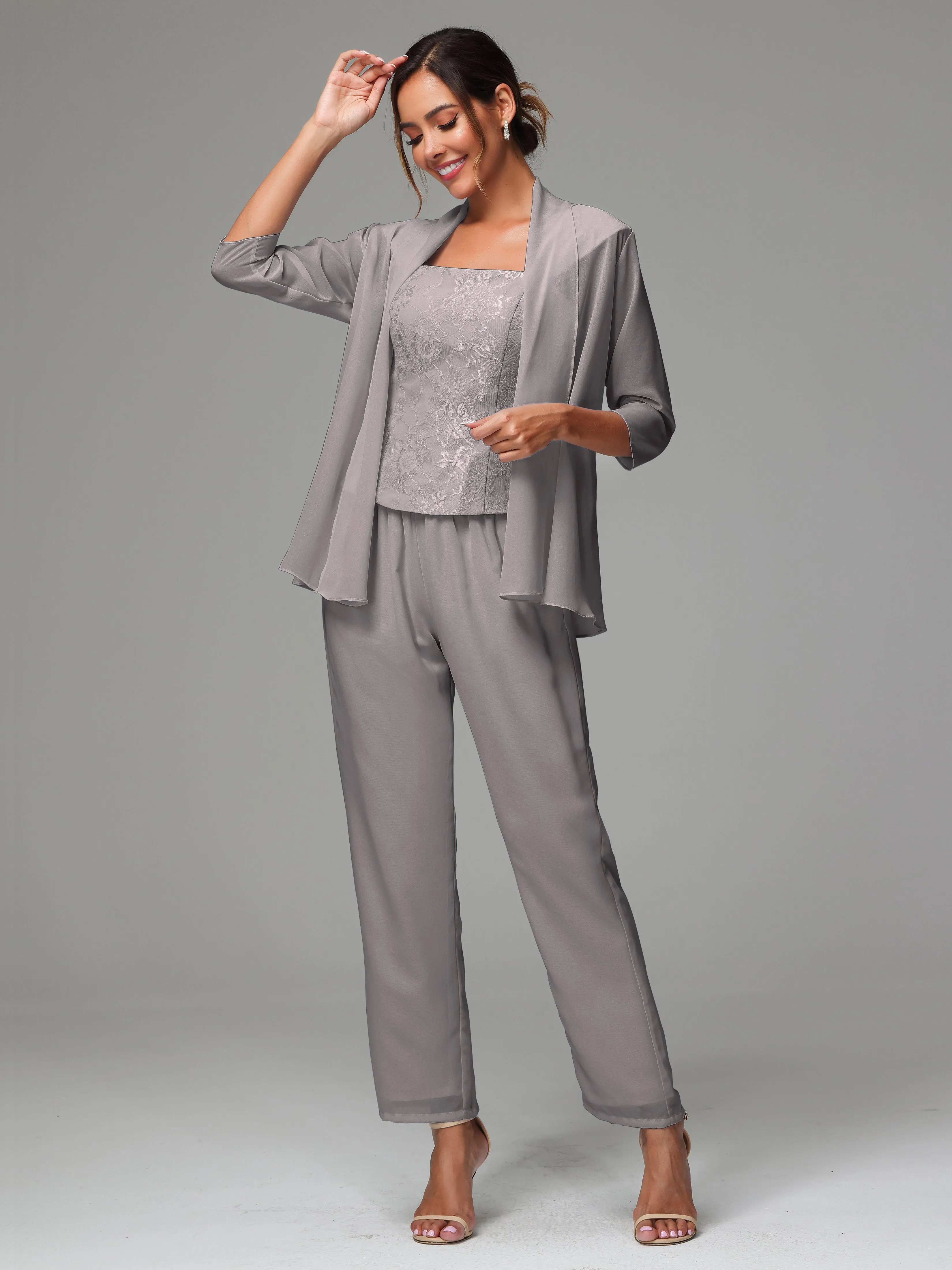 3 Pieces Chiffon Lace Long Sleeves Mother Of The Bride Dress Pants Suits