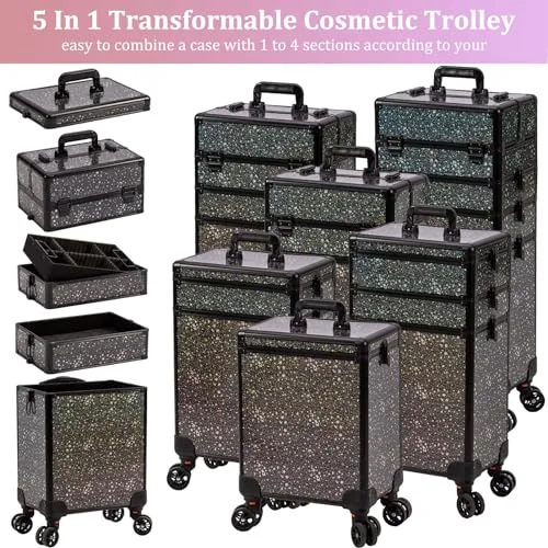 AROUS Rolling Makeup Train Case Large Storage Cosmetic Trolley 5 in 1 Large Capacity Trolley Makeup Travel Case with Key Swivel Wheels Salon Barber Case Traveling Cart Trunk, Black (Black)