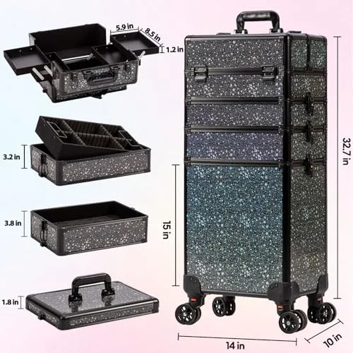 AROUS Rolling Makeup Train Case Large Storage Cosmetic Trolley 5 in 1 Large Capacity Trolley Makeup Travel Case with Key Swivel Wheels Salon Barber Case Traveling Cart Trunk, Black (Black)