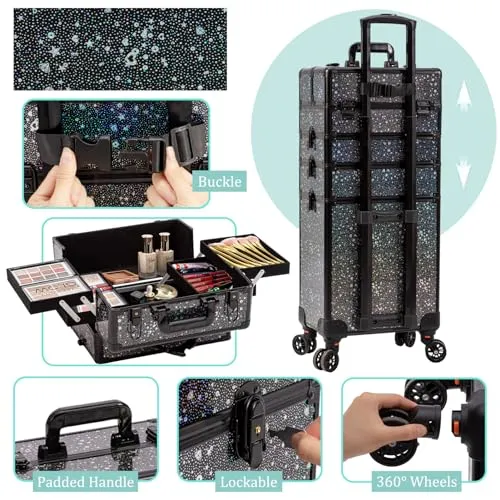 AROUS Rolling Makeup Train Case Large Storage Cosmetic Trolley 5 in 1 Large Capacity Trolley Makeup Travel Case with Key Swivel Wheels Salon Barber Case Traveling Cart Trunk, Black (Black)