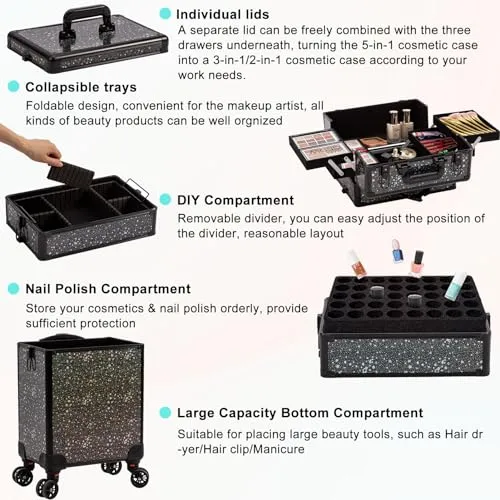 AROUS Rolling Makeup Train Case Large Storage Cosmetic Trolley 5 in 1 Large Capacity Trolley Makeup Travel Case with Key Swivel Wheels Salon Barber Case Traveling Cart Trunk, Black (Black)