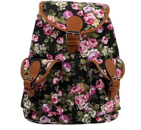 Bravo Vintage Women Canvas Travel Satchel Shoulder Bag Backpack Rucksack - Rose Black
