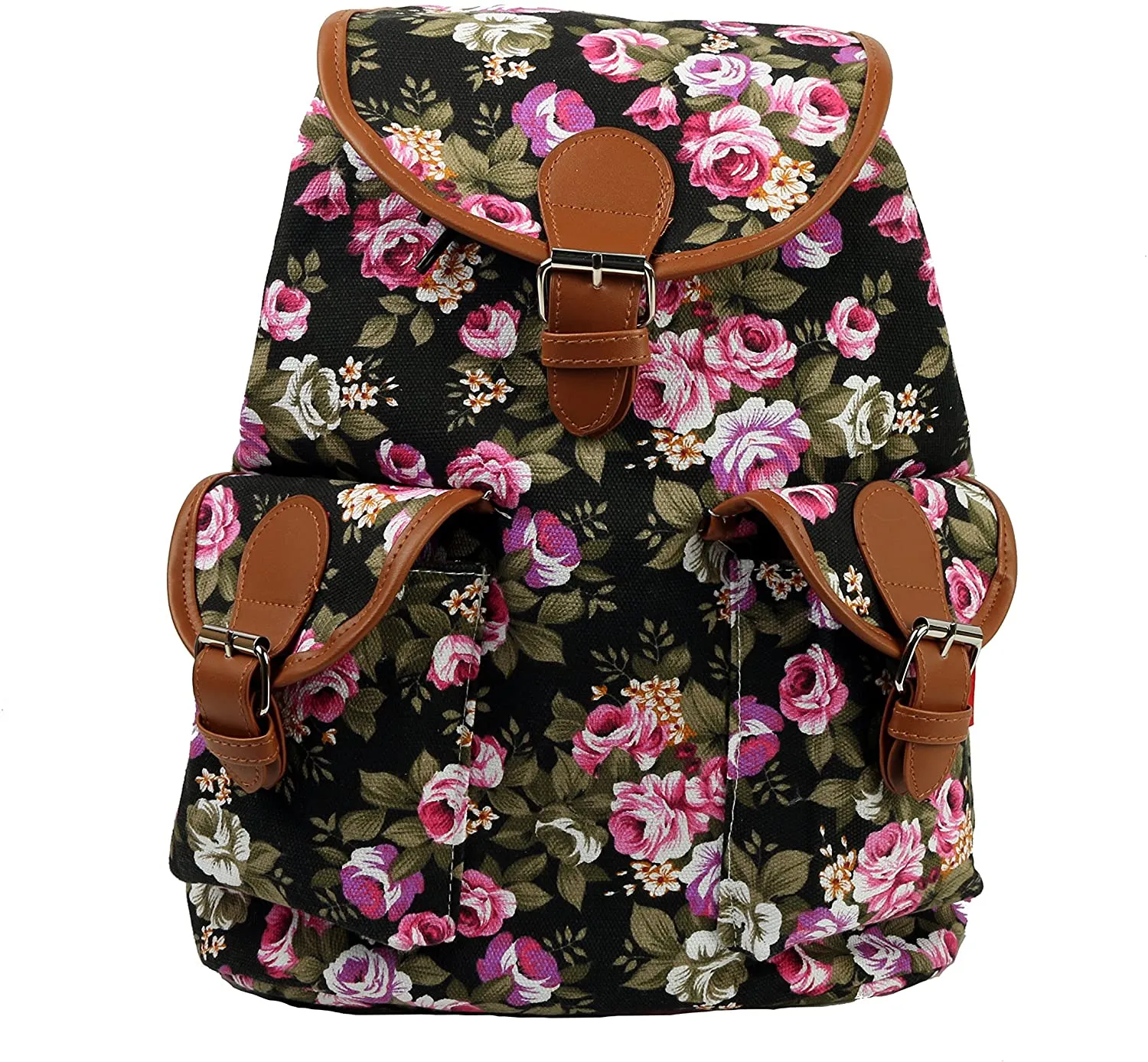 Bravo Vintage Women Canvas Travel Satchel Shoulder Bag Backpack Rucksack - Rose Black