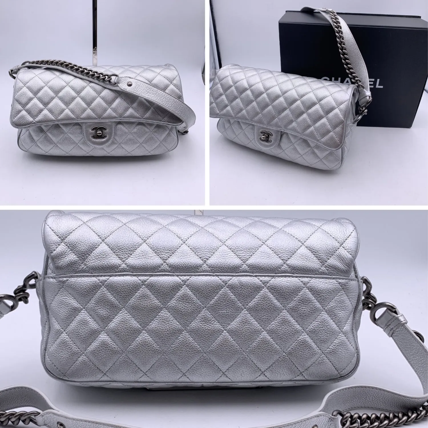 CHANEL Airline 2016 Silver Quilted Leather Easy New Shoulder Bag