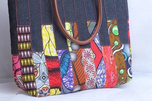 Denim and Ankara Mix Tote Bag