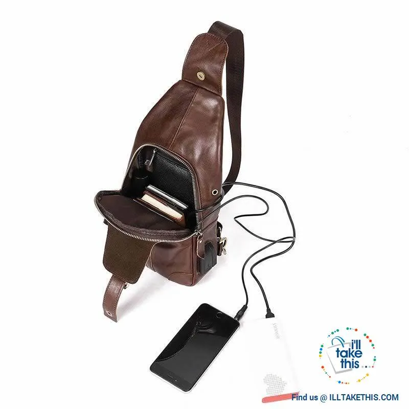 EASY Sling Shoulder All Leather Back Pack with USB Charging