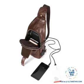 EASY Sling Shoulder All Leather Back Pack with USB Charging