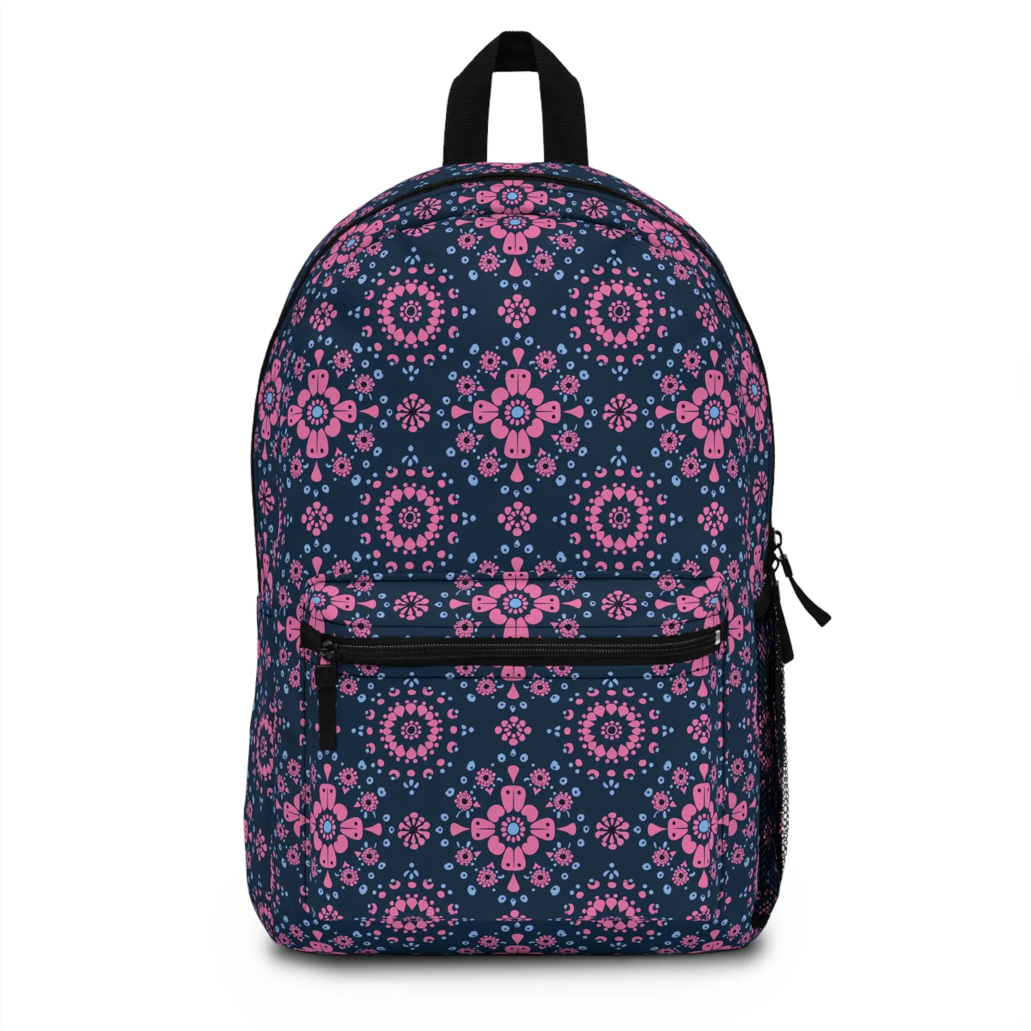 Midnight Garden in Pink and Blue Floral Mandala Pattern on Navy Lightweight Stylish Durable Backpack (Made in USA)