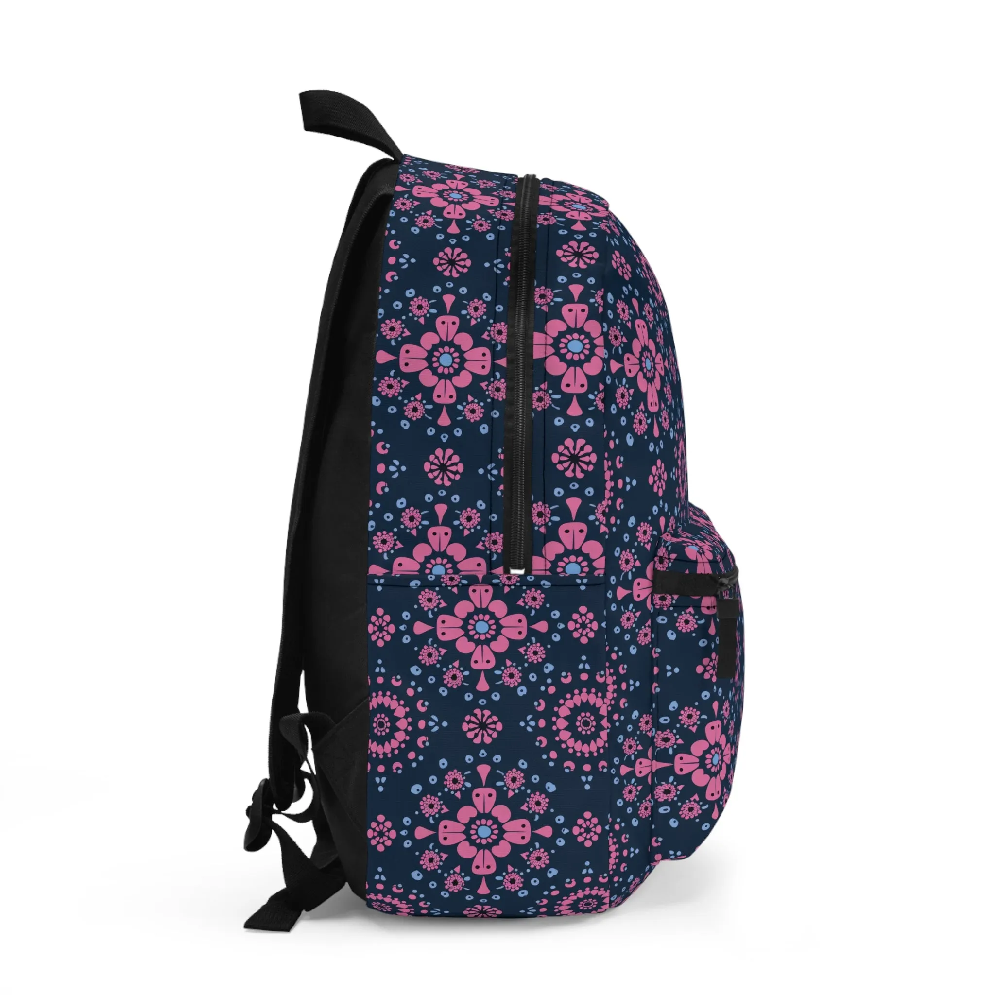 Midnight Garden in Pink and Blue Floral Mandala Pattern on Navy Lightweight Stylish Durable Backpack (Made in USA)