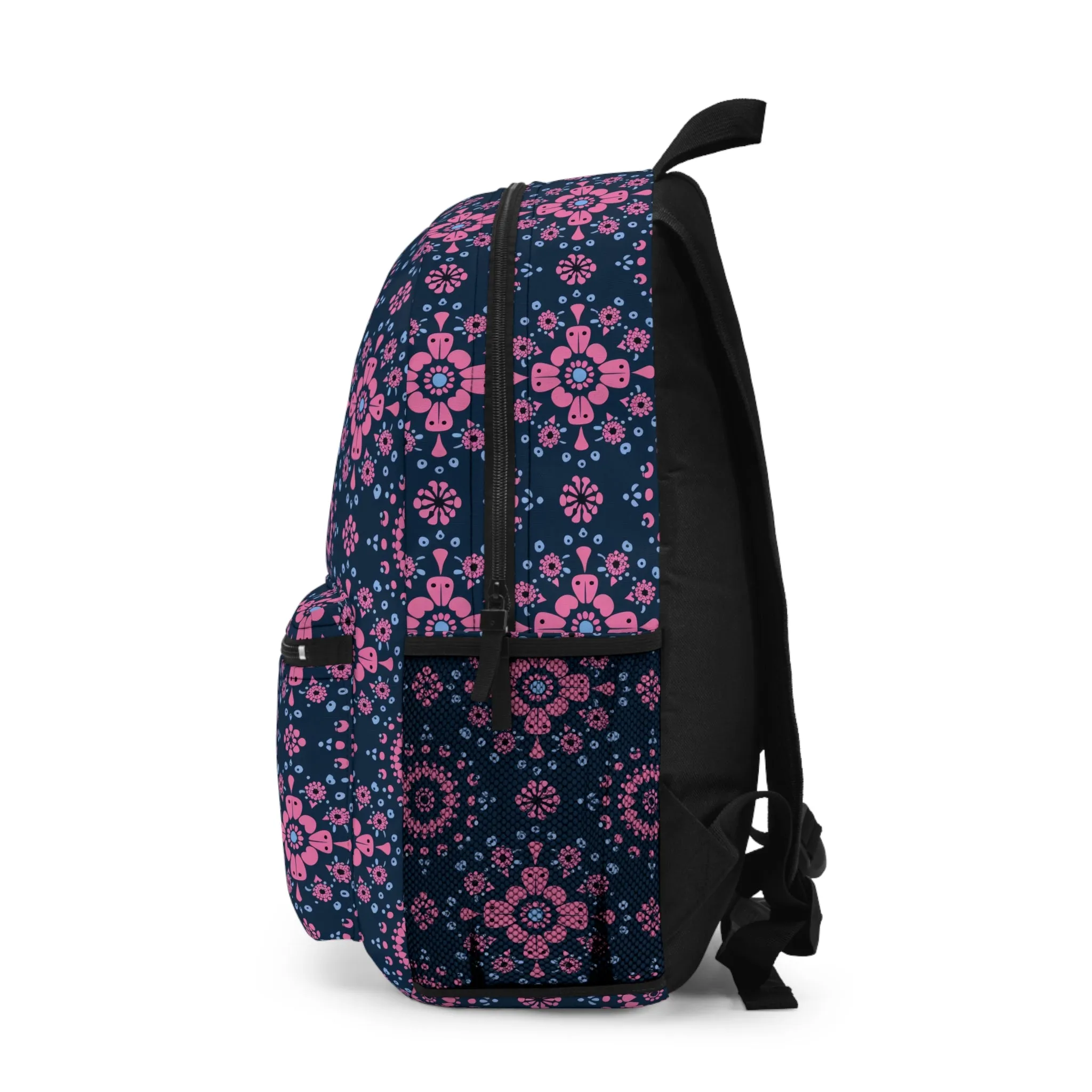 Midnight Garden in Pink and Blue Floral Mandala Pattern on Navy Lightweight Stylish Durable Backpack (Made in USA)