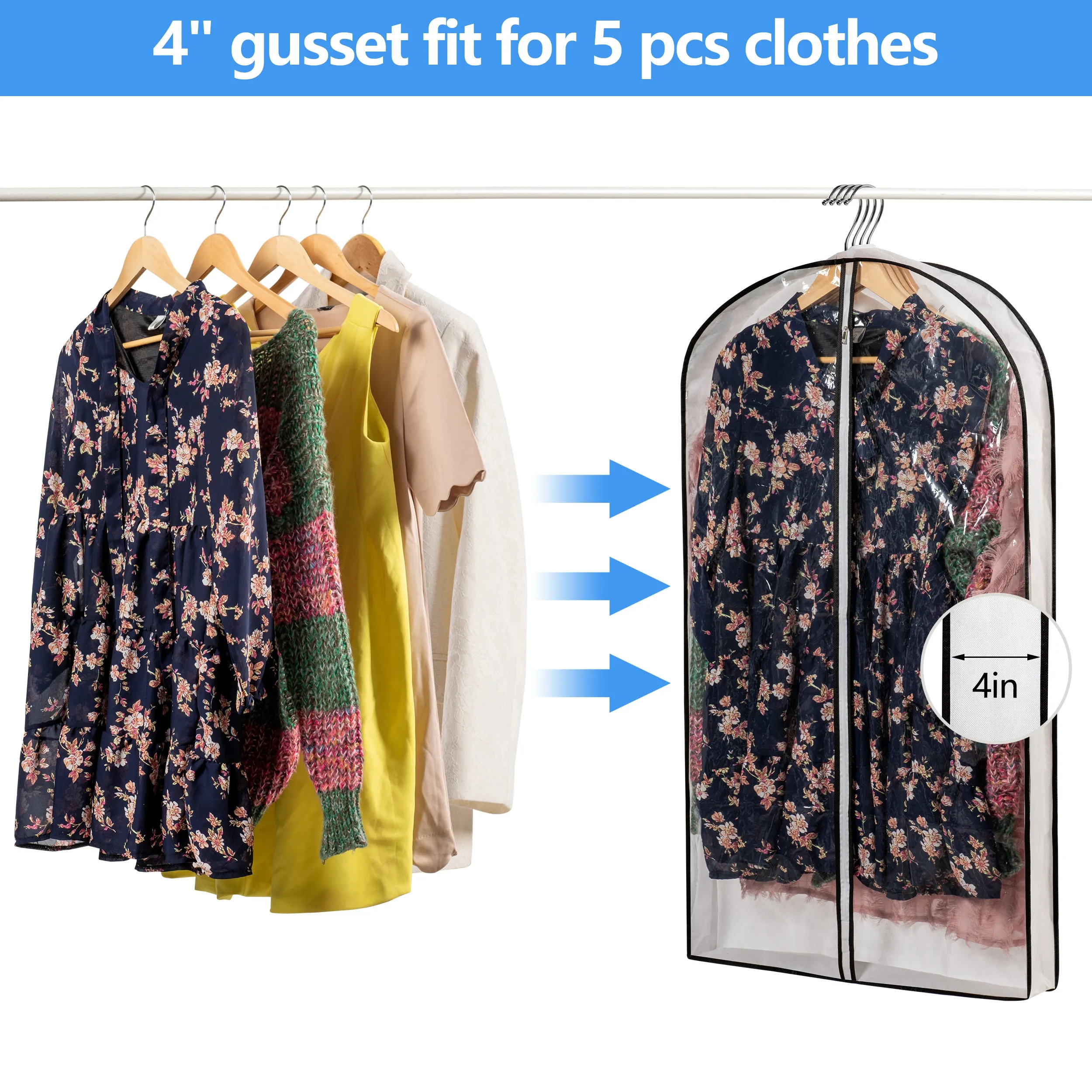 Mskitchen Hanging Clothes Bag with 4" Gusseted Garment Bag for Storage Suit Bag for Closet Clear Garment Bags Dress Covers Garment Bags for Suits, Sweaters, Shirts - 24"x 40"x 4"/ 3 Pack-6 Pack