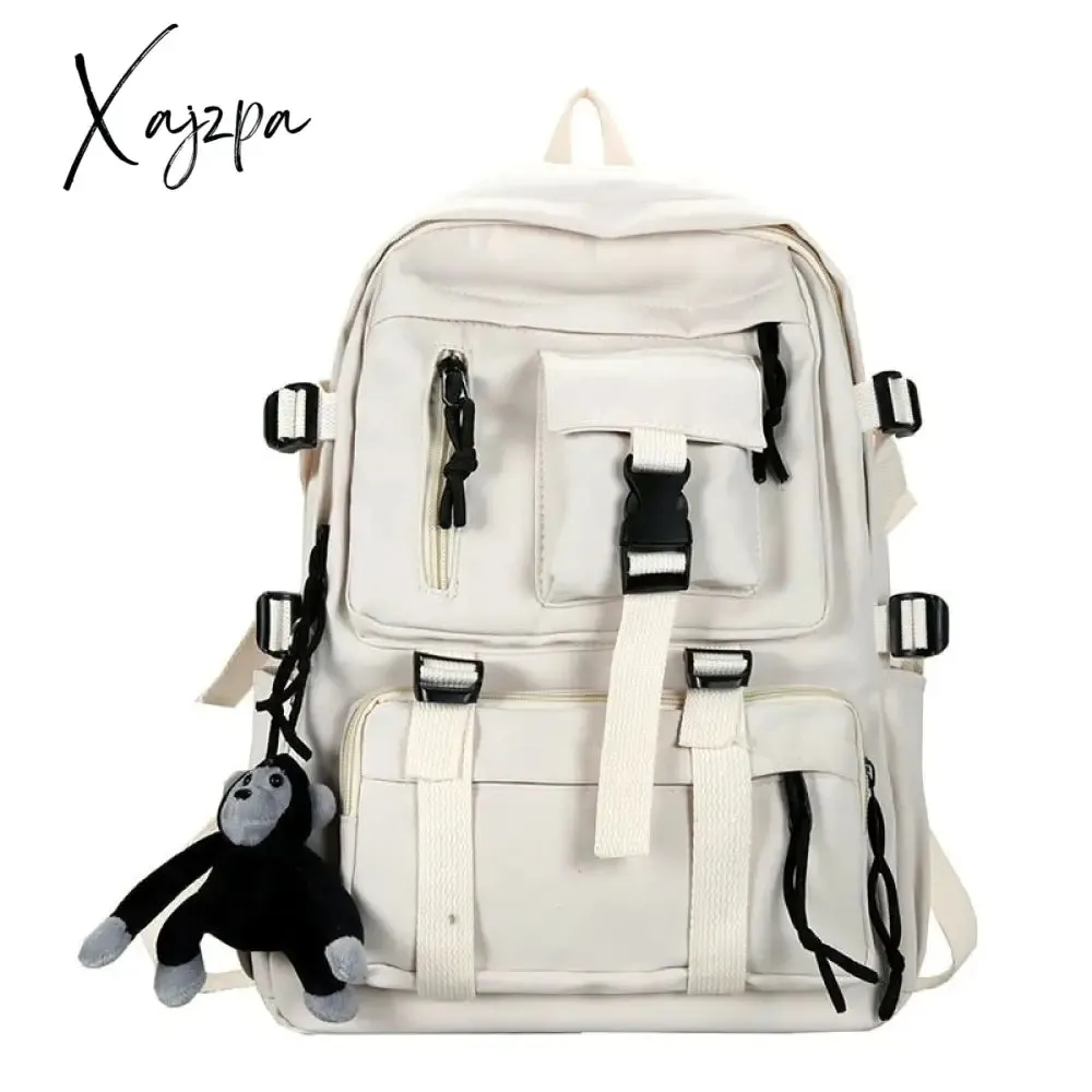 Xajzpa - Preppy Style Black Backpack Unisex Women Men Backpack Nylon Waterproof Multi-Pocket Design Mochilas Teenagers Shoulder Bag