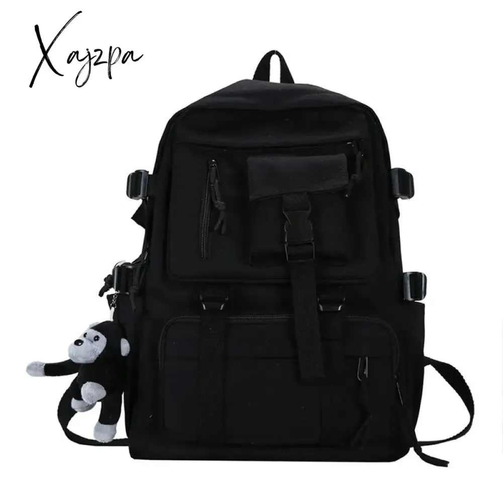 Xajzpa - Preppy Style Black Backpack Unisex Women Men Backpack Nylon Waterproof Multi-Pocket Design Mochilas Teenagers Shoulder Bag